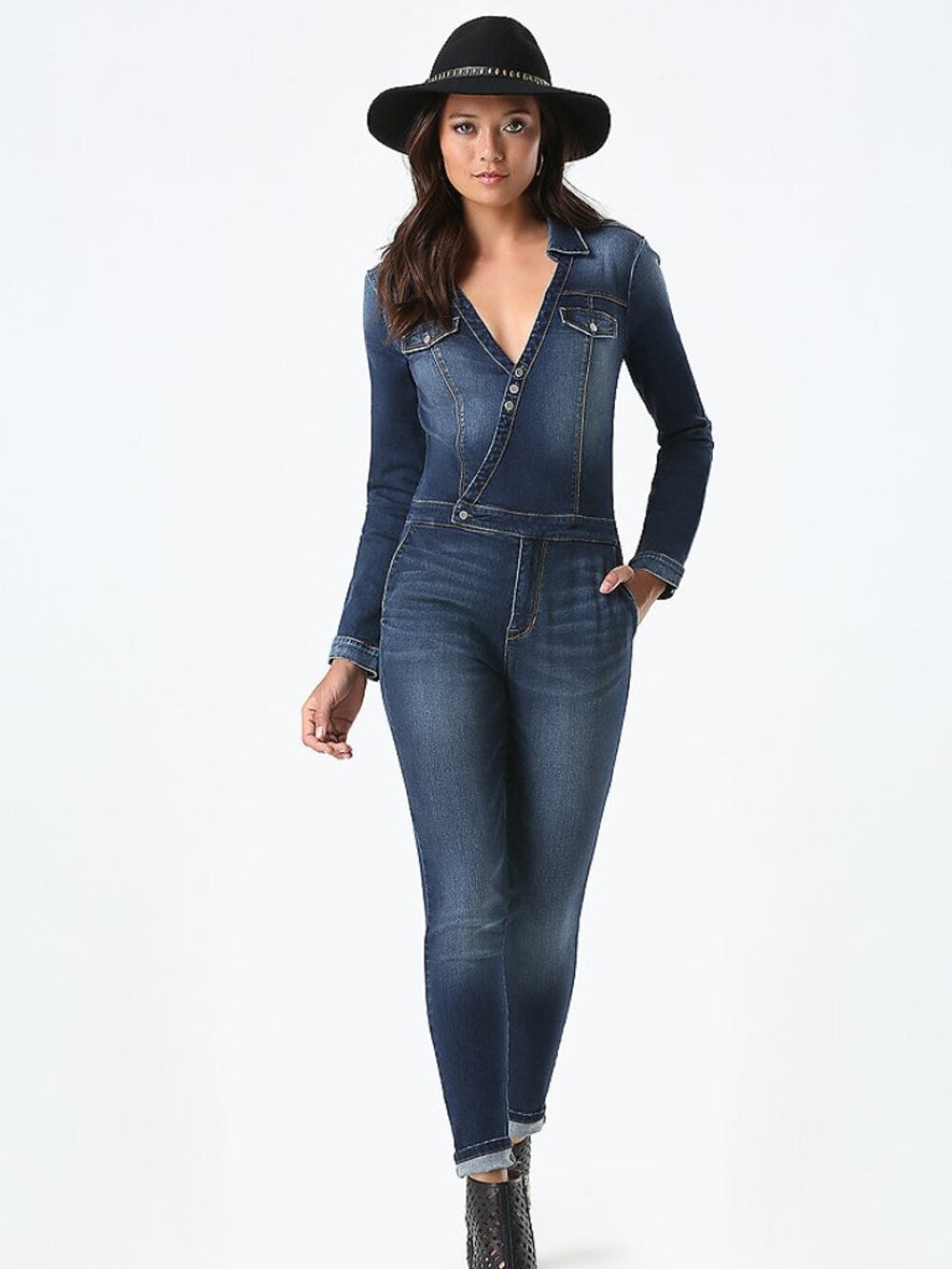 Bebe 3/4 Long Sleeve Medium Dark Wash Denim Jean Jumpsuit Size 6 - Picture 2 of 8